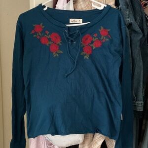 Wild Fable Teal Long Sleeve with Red Floral Design
